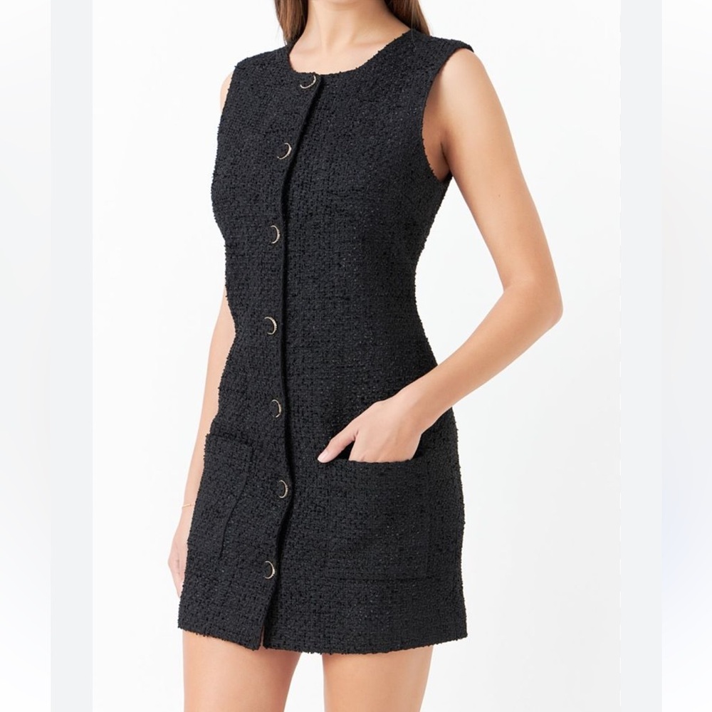 NEW Endless Rose Sleeveless Black Tweed Button Down Mini Dress Sz M